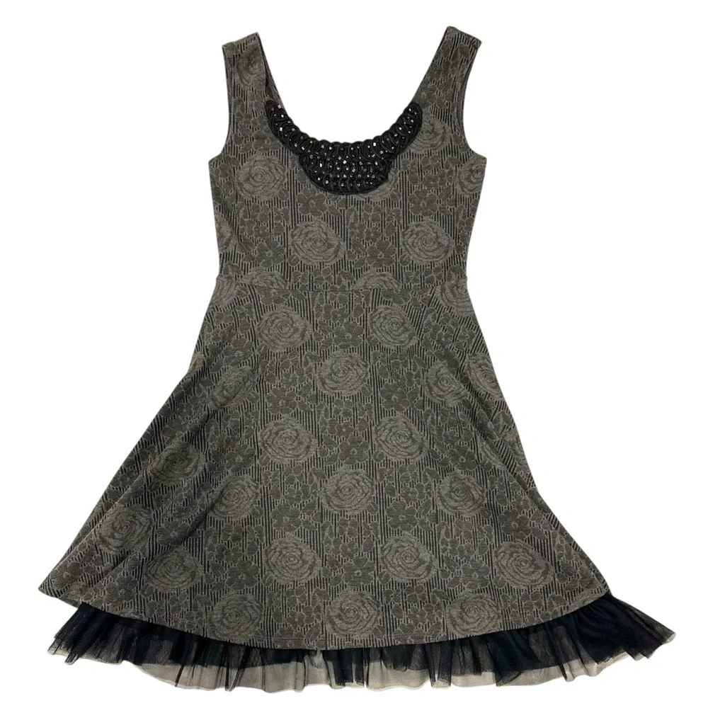 Free People Rock Princess Dress Gray Sleeveless Floral Beaded Tulle Skirt Sz L - Picture 2 of 6